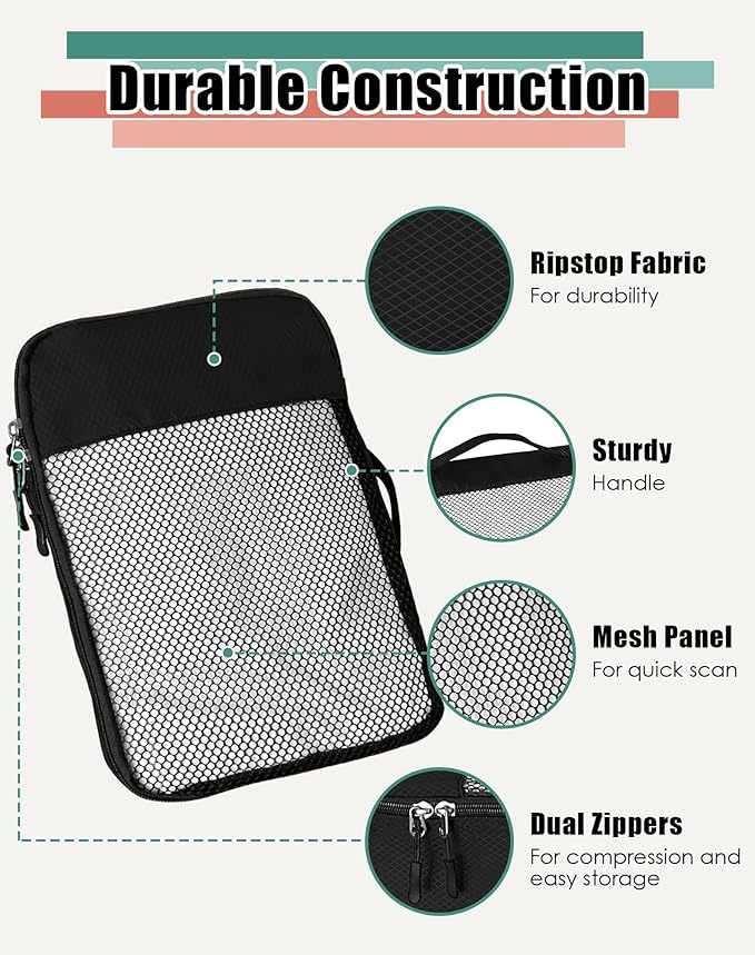 WTREE 4-Piece Packing Cubes Travel Accessories Set for Suitcases - Luggage Organizer Bags with Double Zipper - Mesh Top - Medium - Black