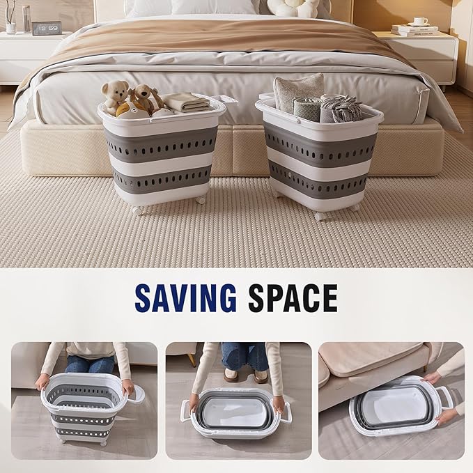 Collapsible Plastic Laundry Basket Hamper with Wheels, 45L Portable Rubber Clothes Basket, Pop Up Storage Container/Organizer with Hanging basket for Washing & Storage, Grey