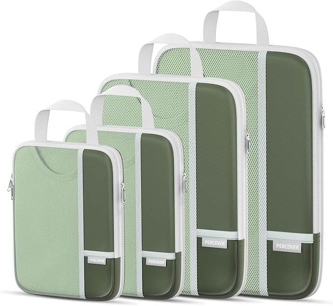 Percover Compression Packing Cubes for Travel, 4-Piece Structured Compression Organizer Set with Label Pockets for Carry-On & Checked Luggage, Green