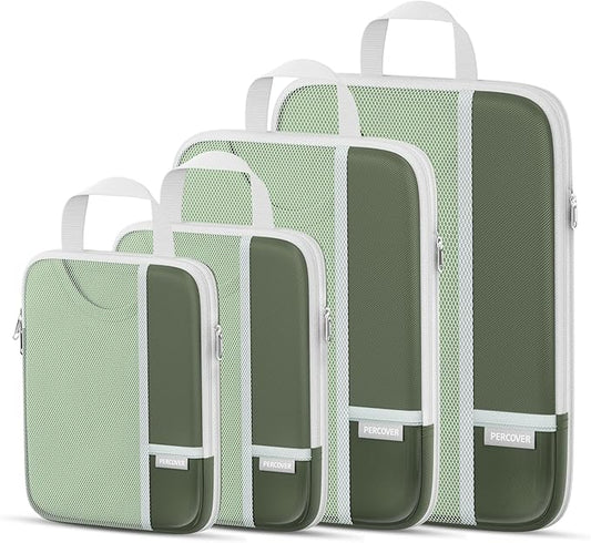Percover Compression Packing Cubes for Travel, 4-Piece Structured Compression Organizer Set with Label Pockets for Carry-On & Checked Luggage, Green
