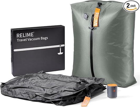 Relime Classic Series Vacuum Bags for Travel Luggage with Wireless Pump, Compression Bags for Carry On Suitcases and Backpack, Vacuum Seal Packing cube for Cloth Packing ((2PC + PUMP Gray & Green)