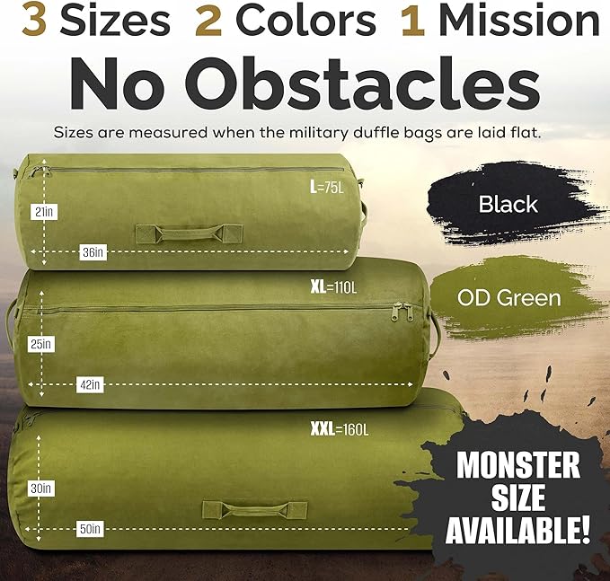 Farm Blue GI Style Zipper Duffel Bag Black - XL Heavy Duty Army Duffle Bags - Military Grade Cotton Canvas Duffle Bag - Reinforced Camping Bag - Strong Zipper & Center Grab Handle (Black, XL)
