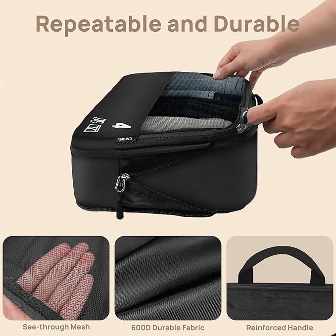 7 Set Compression Packing Cubes for Travel, Luggage Organizer Bags for Suitcases with Mesh Panels, Shoe Bag & Toiletry Bag for Carry On, Vacation & Cruise Essentials (Black)