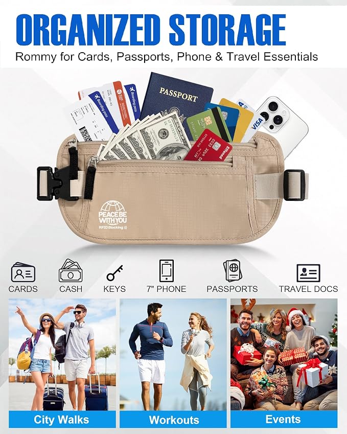 Money Belt for Travel, Passport Holder, RFID Blocking, Sweat-Proof, Beige - Image 8