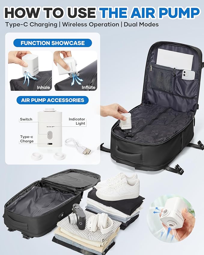 WONHOX Vacuum Seal Travel Backpack with Air Pump Compression Vacpack Waterproof Carry On Backpack for Travel Women men with Vacuum System Laptop Airlines Approved Daypack Space Saver Bags Black