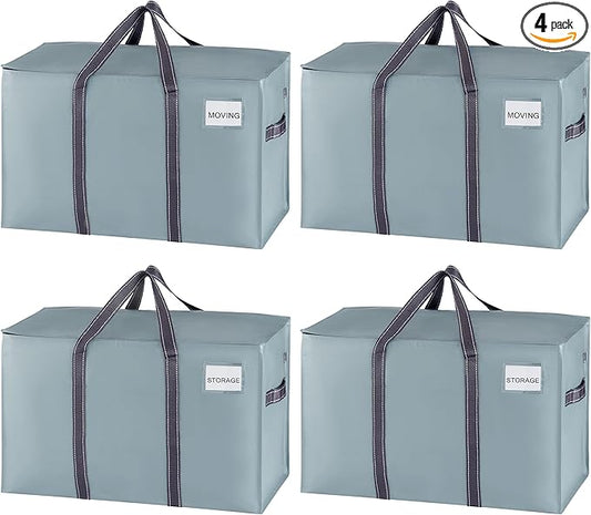 VENO 4 Pack Heavy Duty Moving Bags, Extra Large Storage Bags with Reinforced Handles & Strong Zippers, Foldable & Reusable Moving Box Alternative for Clothes & Dorm Storage