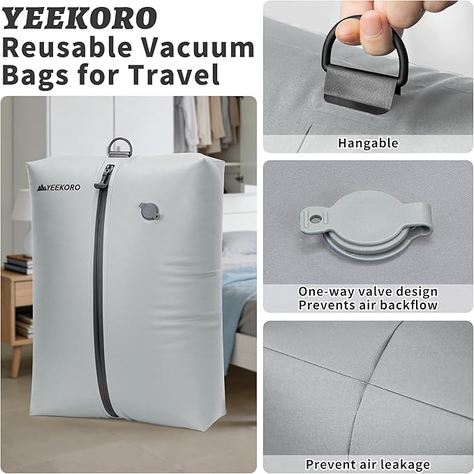 Vacuum Bag for Travel, Professional IPX8 Waterproof Reusable Vacuum Compression Bags for Travel Suitcases, Durable Space Saver Bag(2 PACK TPU Gray,With Pump)