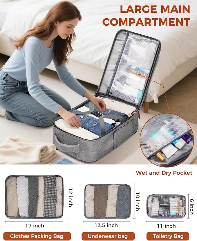 Vancropak Expandable Travel Rolling Backpack with Wheels, Airline Approved Wheeled Backpack with 3 Packing Cubes, 17 Inch Roller Carry on Luggage Suitcase Laptop Bag for Men Women, Grey