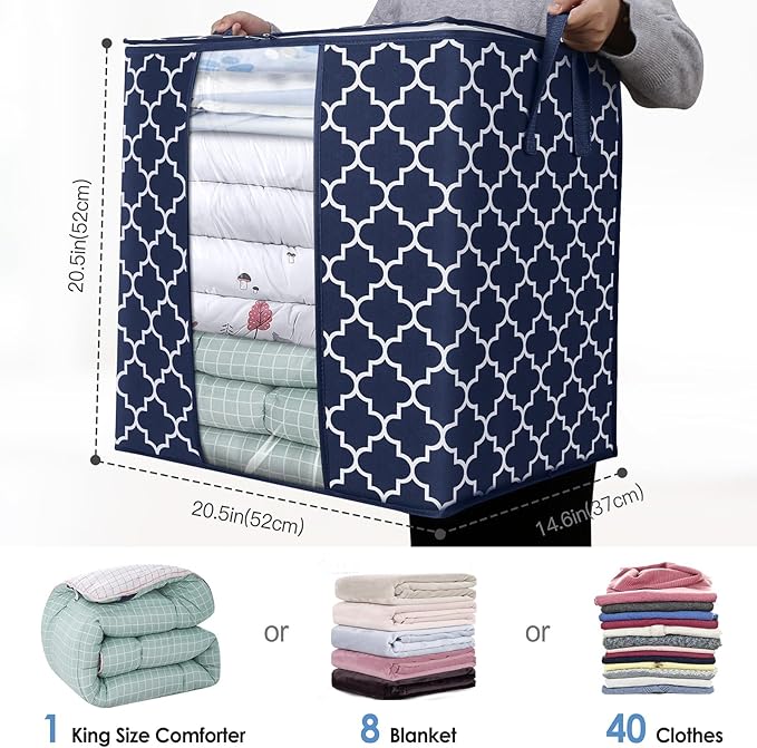 WISELIFE Storage Bags 2 Pack/100L Large Blanket Clothes Organization and Storage Containers for Comforters,Bedding, Foldable Organizer with Reinforced Handle, Clear Window, Sturdy Zippers,Blue