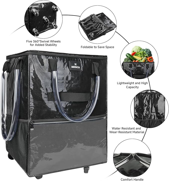 Large Rolling Tote Bag with Wheels, 130L Foldable Shopping Cart & Grocery Bag, 5 Swivel Wheels & 3 Handles, Multiple Pockets & Zippered Closure, Heavy Duty for Laundry, Moving, Travel, Camping, Black