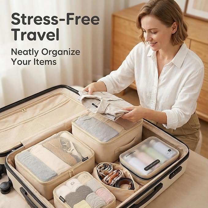 6 Set Compression Packing Cubes for 7–14 Day Travel, Durable Nylon Oxford Luggage Organizers with IP6X Waterproof Toiletry Bag, Expandable Suitcase Packing System (Mist Khaki)