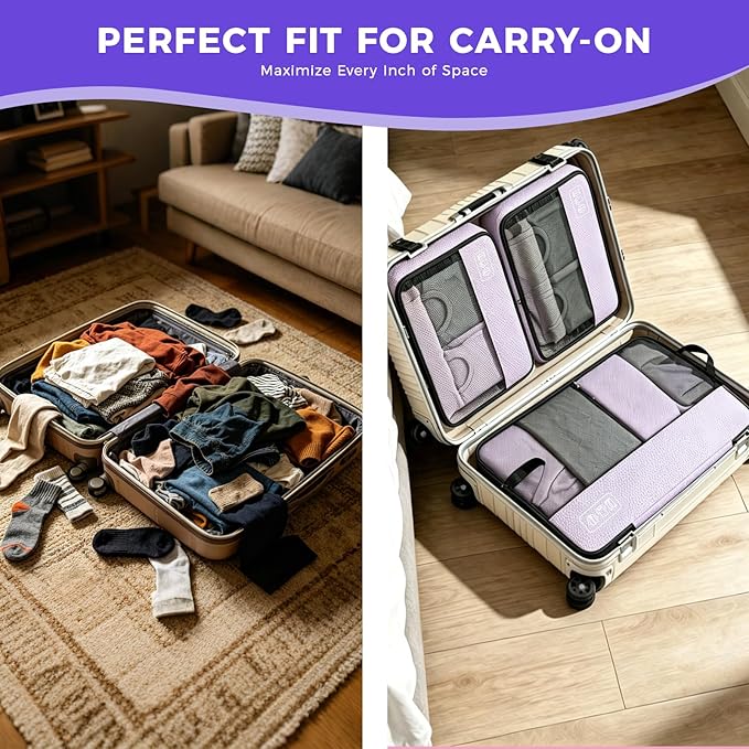 8-Piece Compression Packing Cubes for Travel, Elegant Ultralight Luggage Organizer Set for Women, Space Saving for Carry-On, Suitcase & Vacation Cruise Travel - Purple