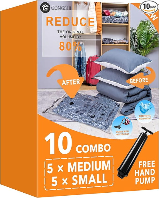 GONGSHI Vacuum Storage Bags, Space Saver Seal Bags For Clothing, Travel Luggage,Blankets, Comforters, Pillows, Clothes Storage.5 Medium 5 Small
