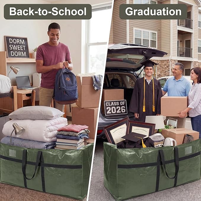 6 Pcs 66 Gallon Extra Large Moving Bags Heavy Duty Storage Bag with Strong Zipper Handle Foldable XXL Jumbo Storage Tote Packing Moving Box for College Dorm Travel Cloth Duffle (Army Green)