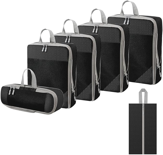 WOOMADA Compression Packing Cubes for Suitcases Travel Essentials 6 Set Rectangle Mesh Expandable Travel Bags Organizer for Luggage
