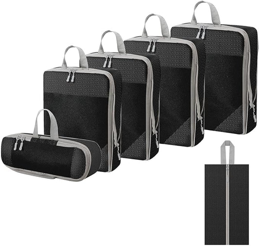 WOOMADA Compression Packing Cubes for Suitcases Travel Essentials 6 Set Rectangle Mesh Expandable Travel Bags Organizer for Luggage