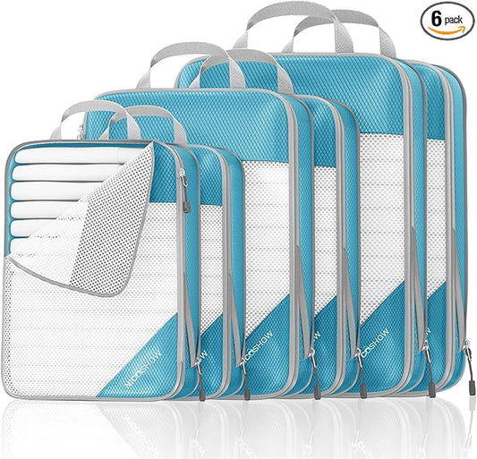 NICOSHOW Compression Packing Cubes 6 Set, Compressible Space-Saving Packing Cubes for Travel - Compression Bags, Luggage Organizer, Travel Essentials for Women, Teal