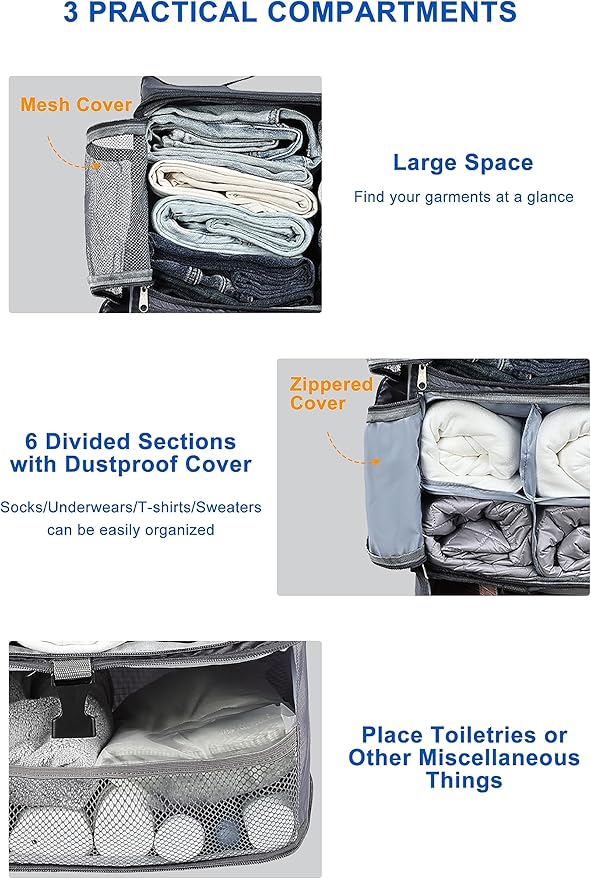ELEZAY Hanging Packing Cubes Portable Closet 3-Shelf Travel Collapsible Compression Garment Organizer for Carry-on Luggage Suitcase Space Saver Bag XX-Large_No Side Pockets, Gray