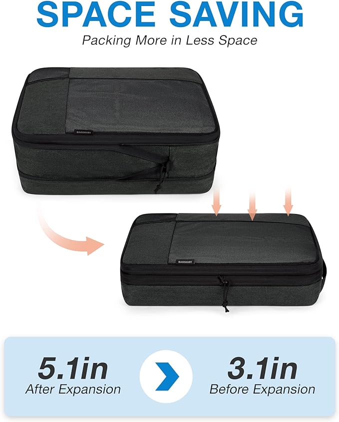 BAGSMART Compression Packing Cubes, Durable Travel Packing Cubes for Carry-On Suitcase, Lightweight Compressible Luggage Organizer Cruise Ship Travel Essentials, 6-Pack 1L+3M+1S+Shoe Bag, Black