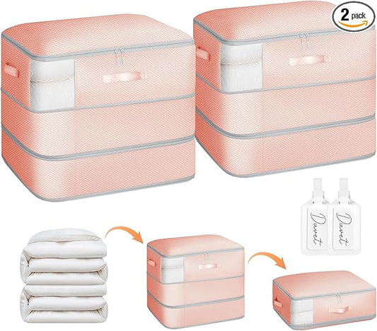 Homsorout 2 Pack Compression Storage Bags - 110L Large Capacity Comforter Storage Bag, 3-Layer Washable Ultra Space Saving Self Compression Organizer Space Bags for Blankets, Sweaters, Sheets, Pink
