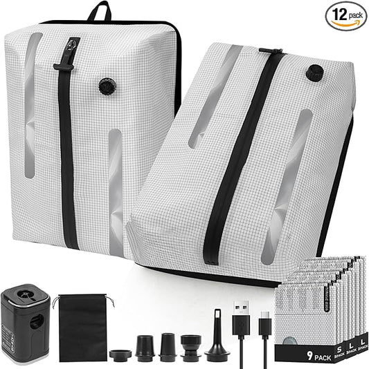 12-Piece Travel Vacuum Bags Set with Electric Pump - 2x 18L Heavy Duty 210D Nylon TPU Bags (Double Window) + 9x Assorted PA/PE Space Saver Bags - Reusable Compression Organizer for Luggage