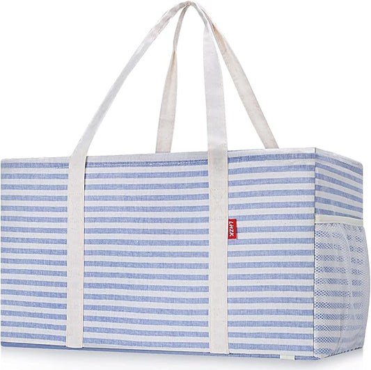 LHZK 2 Pack Extra Large Utility Tote Bag with Metal Wire Frame and the Sides Rinforced, Extra Large Tote Bag with Handle for Pool Beach Laundry Storage (Blue)