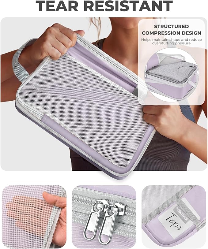 Percover Compression Packing Cubes for Travel, 8-Piece Structured Compression Organizer Set with Laundry Bag & Shoe Bag for Carry-On & Checked Luggage, Purple