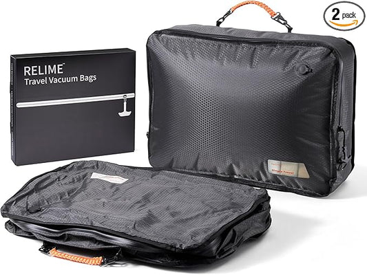 Relime Apex Series Vacuum Bags for Travel Luggage, 180° Open, Reusable Compression Bags for travel Pack, Vacuum Seal Packing Cube for Cloth (2Large No Pump)