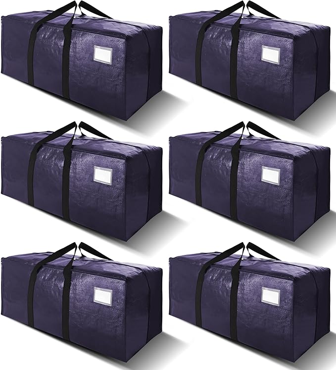 VELVETSURE Heavy Duty Extra Large Moving Bags W/Backpack Straps - Strong Handles & Zippers, Storage Totes For Space Saving, Fold Flat, Alternative to Moving Box and Storage Bin (Set of 6, Blue)
