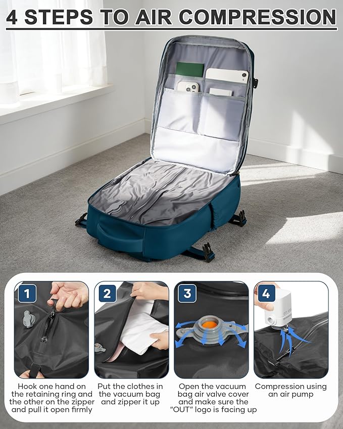 Vacuum Seal Backpack for Travel with Air Pump Compression Daypack Personal Item Carry on Flight Approved Vacpack Laptop Space Saver Bags Storage with Vacuum System Travel Bag Women Men PeacockBlue