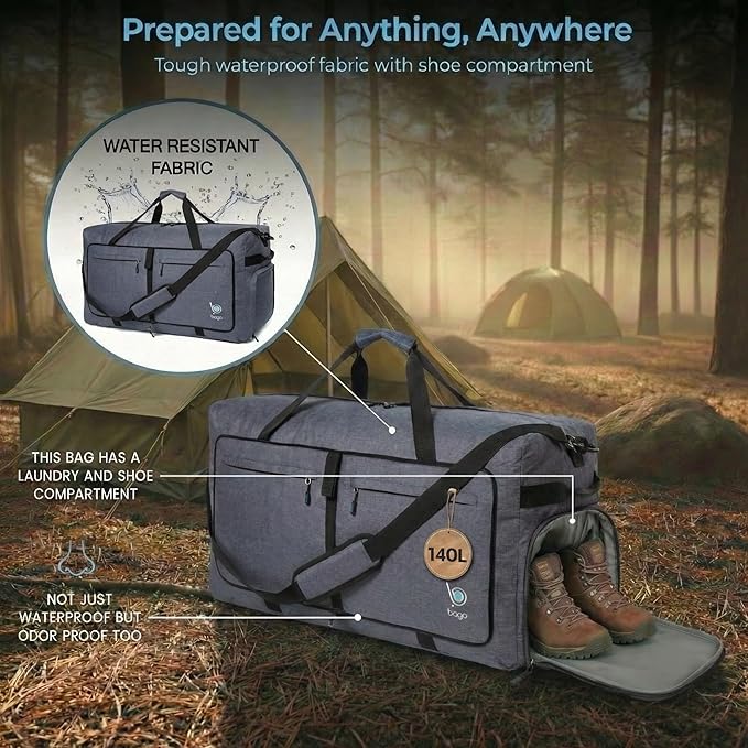 Bago Extra Large Duffle Bag for Travel Women & Men. Durable, Lightweight, Foldable Travel Duffel Bags For Traveling Women. 140L Duffle Bags Use As a Weekender Bag with Shoe Compartment, Checked Duffel