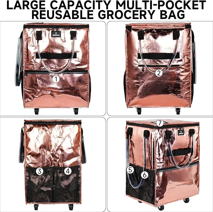 Reusable Grocery Bag On Wheels, Foldable Shopping Trolley with Enhanced Stability Wheels, Water Resistant, 6 Pockets & 3-Way Carry for Outdoor, Camping, Small, Rose Gold