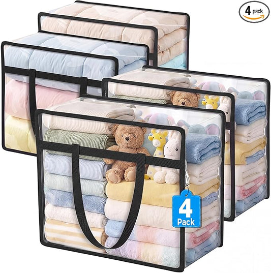 Budding Joy Clear Zippered Storage Bags for Clothes,40L Closet Organizers and Storage Containers Vinyl Moving Bag for Bedding, Linen, Blankets, Comforters, Clothing & Toys, Black, 4 Pack