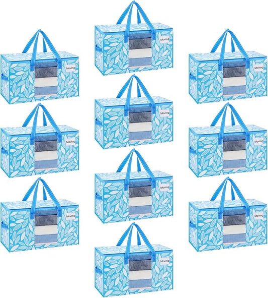 VENO 10 Pack Pack Heavy Duty Moving Bags, Clothes and Comforter Storage Bags with Clear Window, College Dorm Essentials Packing Supplies, Foldable Boxes Alternative (Spring Breeze, 10 Pack)