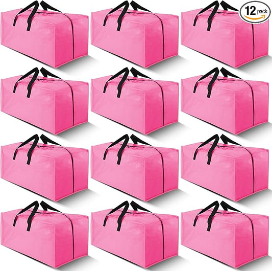 Cosy Family 12 Pack Heavy Duty Extra Large Moving Bags with Backpack Straps - Strong Handles & Zippers, Storage Totes For Space Saving, Fold Flat, Alternative to Moving Box, Pink