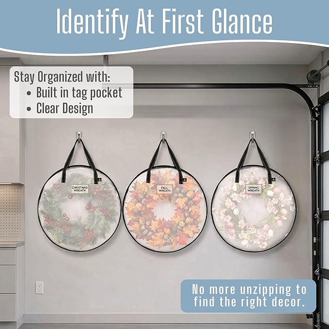 VENO 30 Inch Wreath Storage Container, 2 Pack Clear Round Christmas Wreath Storage Bag, Heavy Duty Clear Holder with Wall Hanging Handles