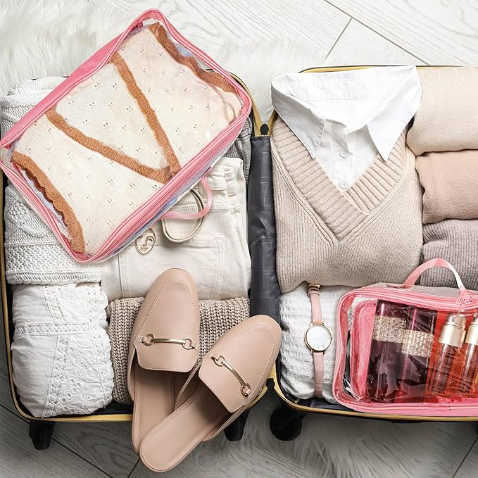 Hillban 6 Pcs Pink Large Clear Travel Packing Cube 3 Sizes See Through PVC Organizer for Suitcase Multipurpose Pouch with Handle Vinyl Zippered Storage Bags Luggage Cube Organizer