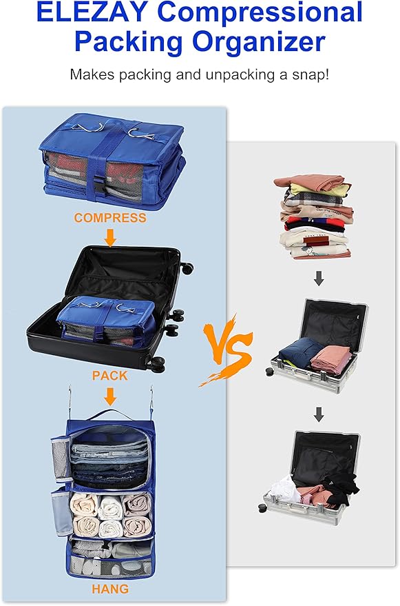 ELEZAY Hanging Packing Cubes Portable Closet 3-Shelf Travel Collapsible Compression Garment Organizer for Carry-on Luggage Suitcase Space Saver Bag X-Large_12*10 * 24 in, Blue