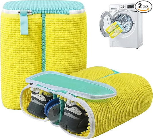 Upgraded Dual Compartment Shoe Washing Machine Bag, 420g Heavy-Duty Sneaker Laundry Bags with Clasp-Lock Zipper, Thick Chenille & Reinforced Seams for Maximum Protection, Yellow/Blue, 2-Pack