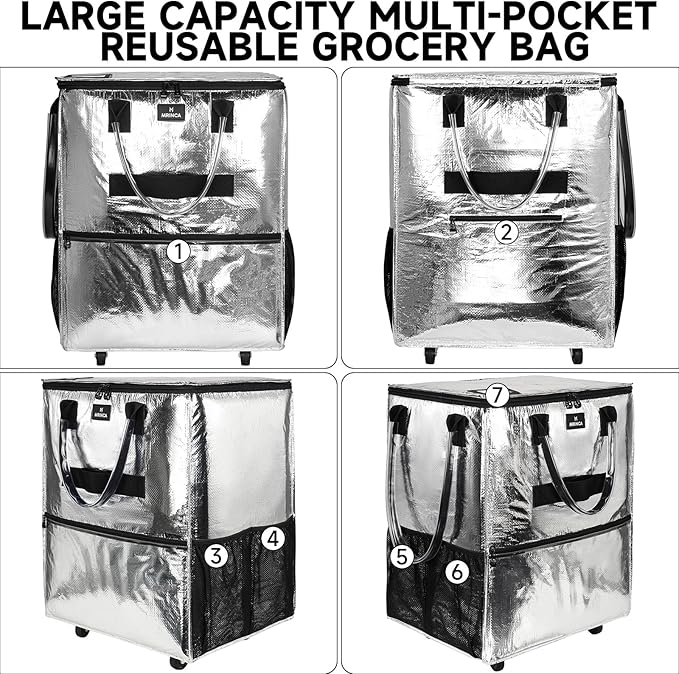 Reusable Grocery Bag On Wheels, Foldable Shopping Rolling Tote Bag with 6 Pockets, 3-Way Carry & Sturdy Handles, Zippered Top, Folds Flat for Shopping, Camping, Moving, Small, Silver