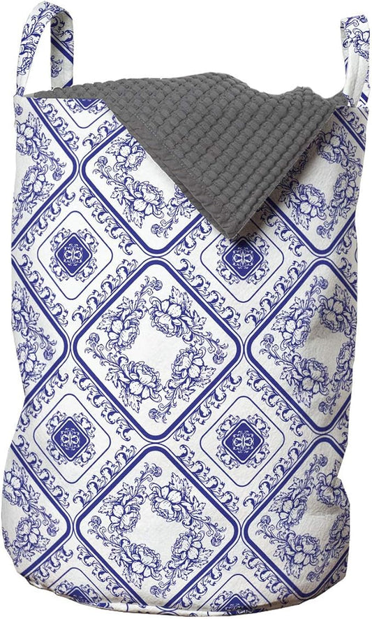 Ambesonne Floral Laundry Bag, Arts and Craft Theme Flower Pattern on Porcelain Inspired Texture Graphic Print, Hamper Basket with Handles Drawstring Closure for Laundromats, 13" x 19", Blue White
