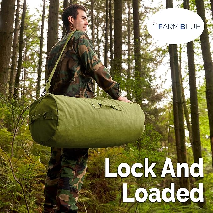 Farm Blue Brand Army GI Style Zipper Duffel Bags- Enormous 30"x50" XX Large - 3 Grab Handles and new External and Internal pockets- 18oz Canvas Duffle Bag Men and Women - XXL OD Green