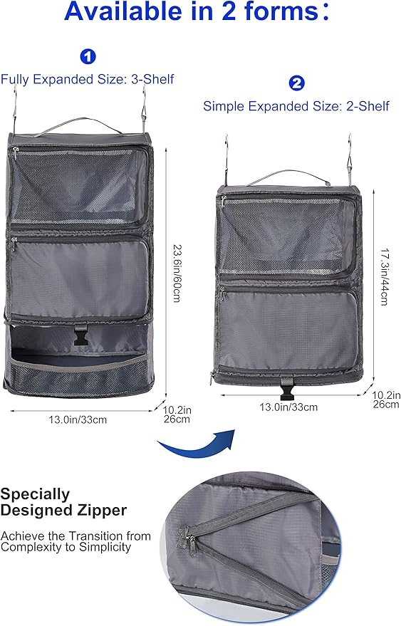 ELEZAY Hanging Packing Cubes Portable Closet 3-Shelf Travel Collapsible Compression Garment Organizer for Carry-on Luggage Suitcase Space Saver Bag X-Large_12*10 * 24 in, Gray