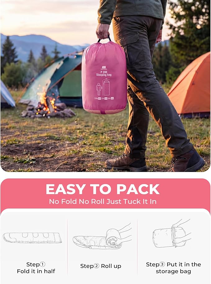 Sleeping Bag for Adults Warm Weather, Compact Lightweight Backpacking Sleeping Bag with Compression Sack, Camping Essentials Gear for Hiking Travel Climbing Outdoor & Indoor Use