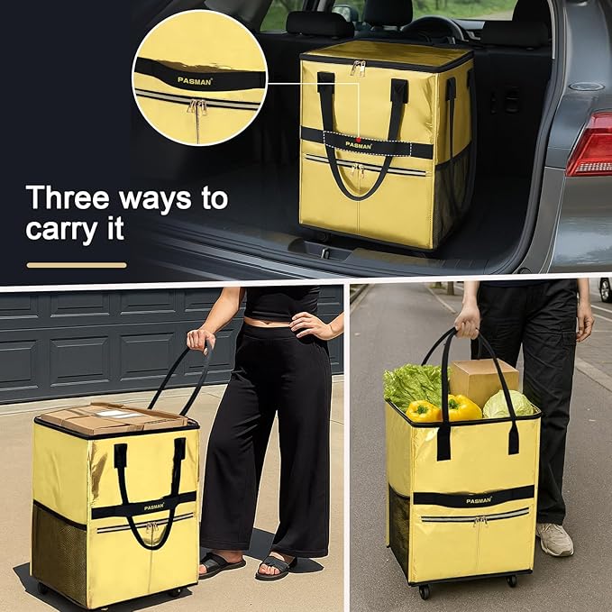 Reusable Grocery Bag on 5 Wheels, Foldable Rolling Tote Bag with Handle and Zipper Cover, 4 Pockets, Heavy Duty Shopping Cart for Laundry, Market & Travel (Gold 67L)
