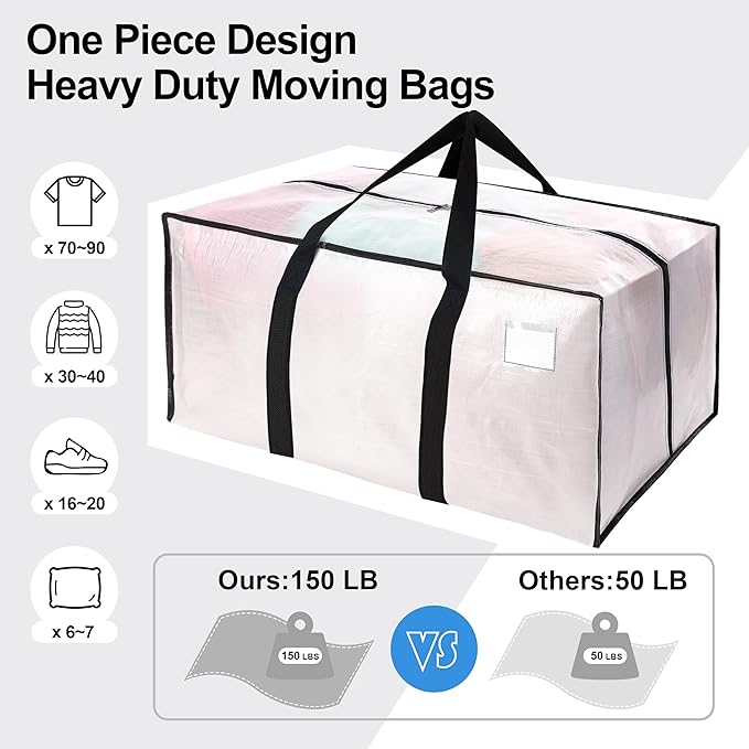 6 Pack Heavy Duty Extra Large Moving Bags W/Backpack Straps - Strong Handles & Zippers, Storage Totes For Space Saving, Fold Flat, Alternative to Box and Bin (40 gal, Semi-Transparent)