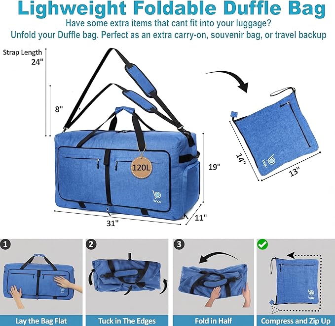 Bago Extra Large Duffle Bag for Travel Women & Men. Durable, Lightweight, Foldable Travel Duffel Bags For Traveling Women. 120L Duffle Bags Use As a Weekender Bag with Shoe Compartment, Checked Duffel