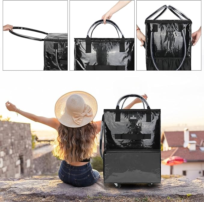 Reusable Grocery Bag On Wheels, Foldable Shopping Rolling Tote Bag with 6 Pockets, Shopping Trolley Cart with Zippered Top & 3-Way Handles, Heavy Duty, Lightweight for Moving, Camping, Small, Black