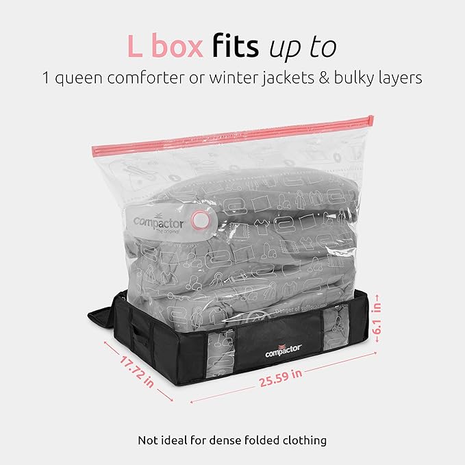 Compactor Under Bed Vacuum Storage Bag with Semi-Rigid Box, Closet Organizer, Vacuum Seal Bags for Clothing and Bedding, Fits All Vacuum and Nozzle Types, 145L, Large, Black