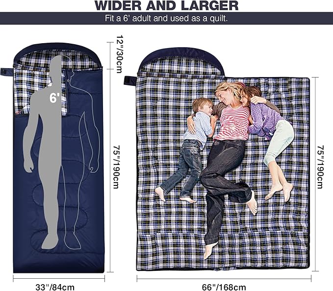 REDCAMP Flannel Sleeping Bag for Adults, Comfortable Cotton Envelope Sleeping Bags for Camping, Backpacking, Hiking, with Detachable Hood&Compression Sack, Blue/Red/Grey/Black